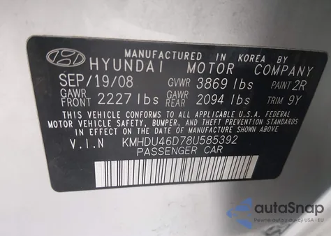 2008 Hyundai Elantra Gls/Se from USA, damaged, VIN KMHDU46D78U585392
